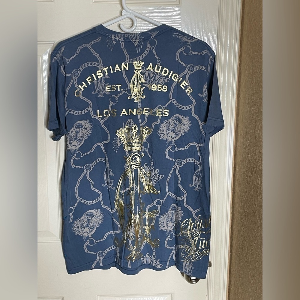 Christian Audigier Shirt Mens Medium Blue Skull Wings Rhinestone All Over Print - Picture 5 of 10